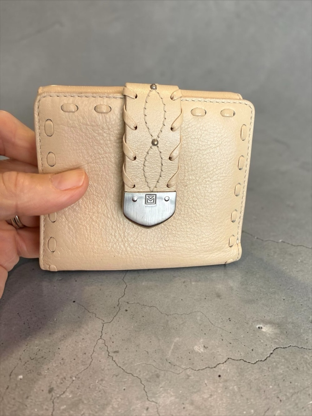 Michael Kors Cream Leather Bifold Wallet, Laced Trim, Silver-Tone Hardware